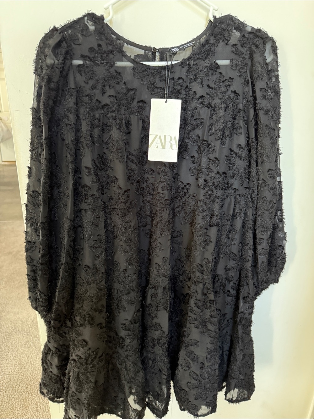 ZARA Black Textured Floral Sheer Tunic